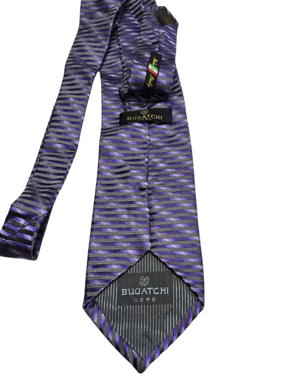 Bugatchi Uomo Silk Tie Purple Gray Stripe Handmade Italy Luxury Designer